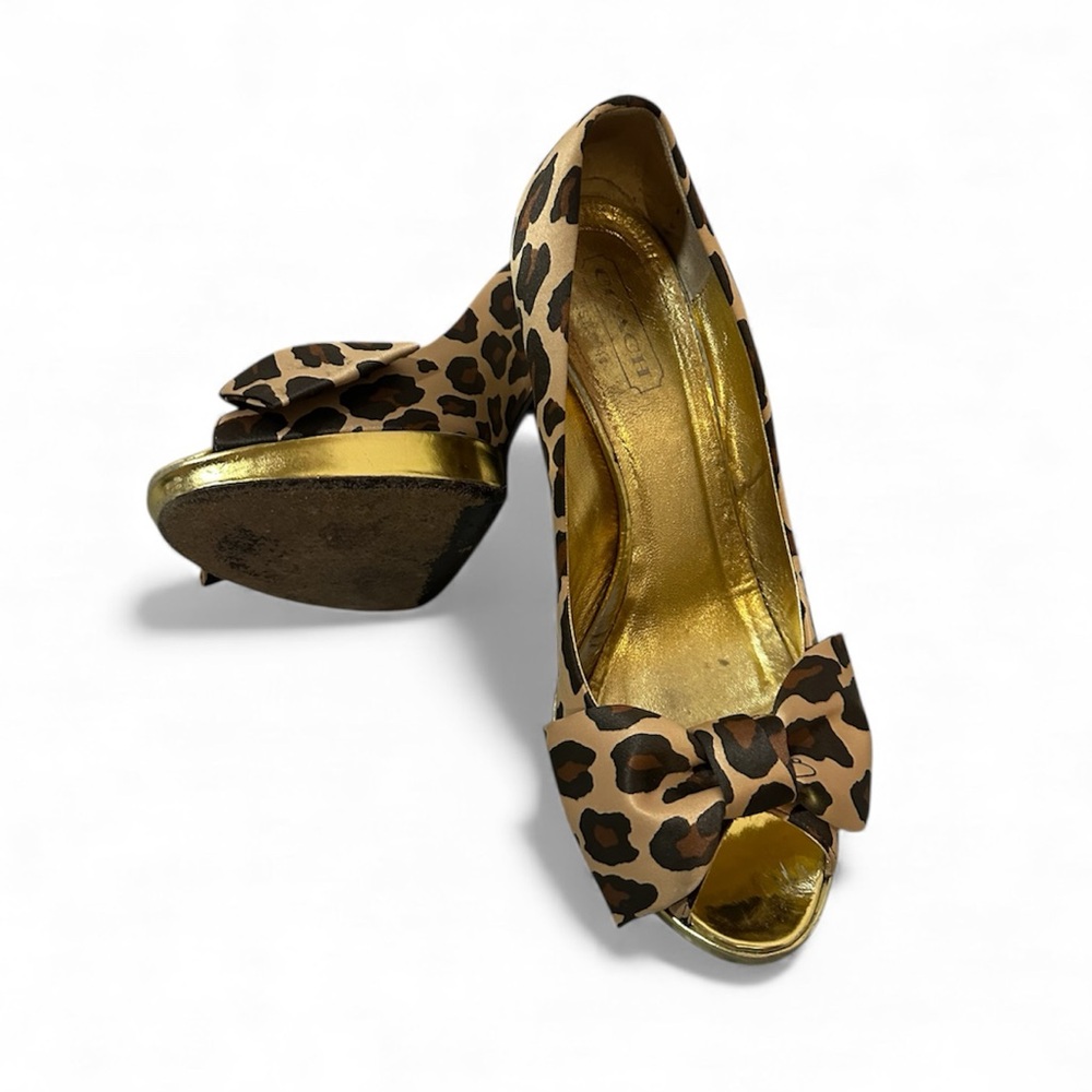 COACH  Leopard Print Peep-Toe Heels with Gold Accents 8#